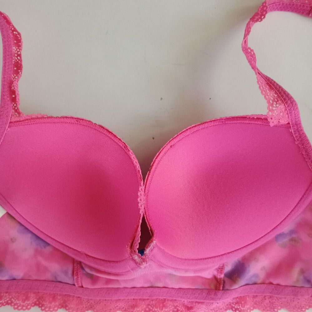 Gilly Hicks Push 'Em Up Bustier Bra Lace Trim Pink Blue Floral Lingerie Size 34B - Picture 3 of 6